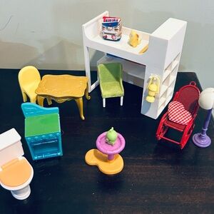 1:24 Kids Room Dollhouse Furniture bed w/desk under Bazooka backpack rocker